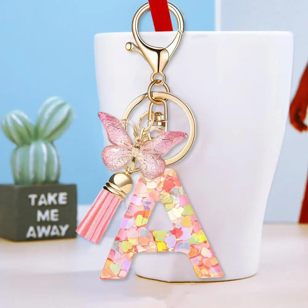 

Epoxy Resin English Alphabet Keychain Heart-Shaped Sequins Butterflies Tassel Alphabet Keyring Initial Lettering Key Chain Mug A
