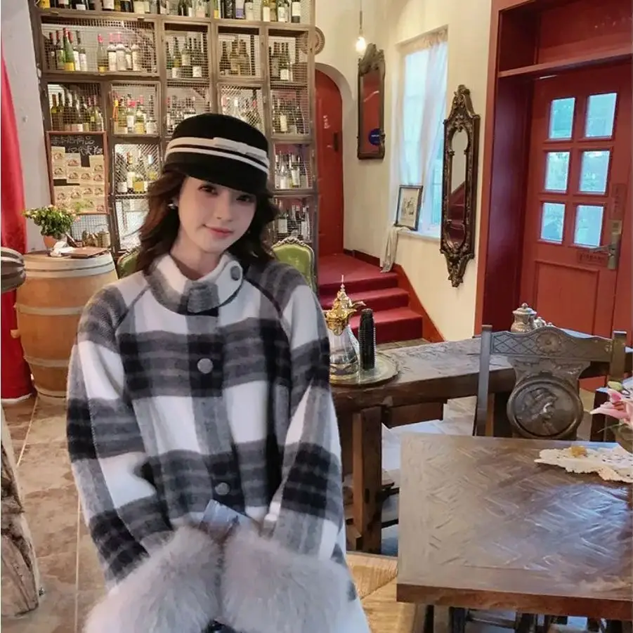 

Korean Qianjin Fur Cuffs Double-Sided Woolen Cloak Coat Women Winter New Temperament British Plaid Woolen Coat