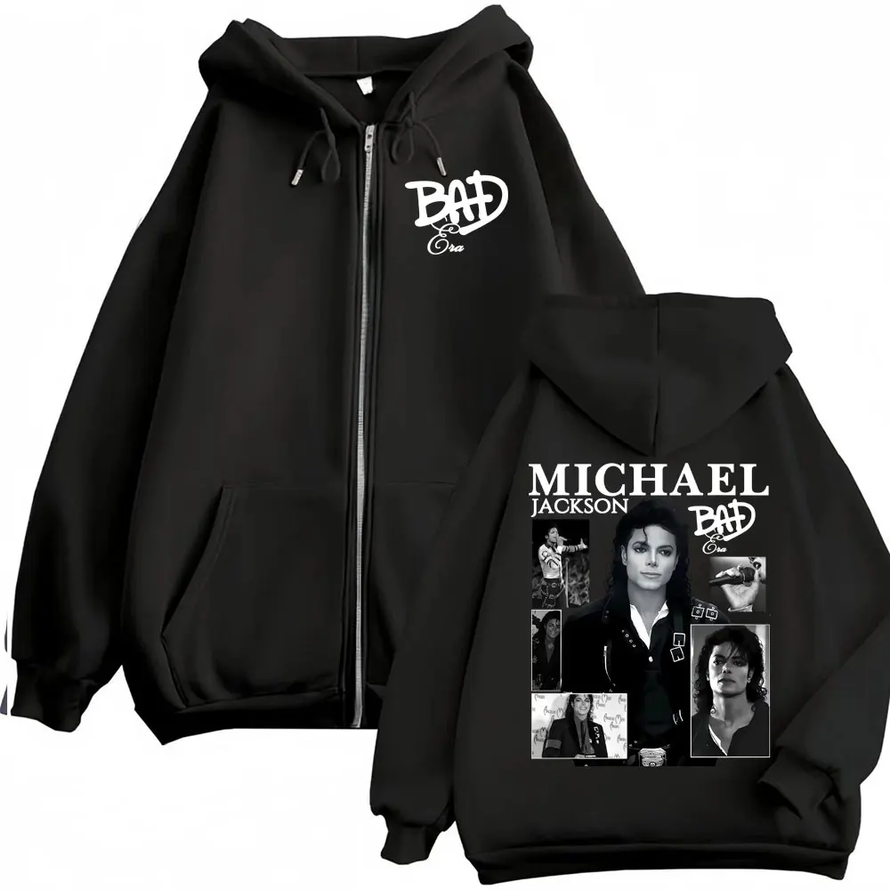 Moletom com Zíper King of Pop Michael Jackson Bad Era para Homens e Mulheres, Jaqueta Streetwear Harajuku, Suéter Casual com Zíper