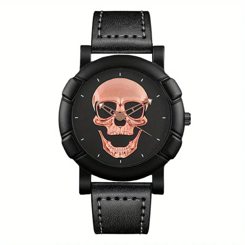 Golden Skull Pattern Pointer Round Quartz Watch With PU Leather Strap For Men