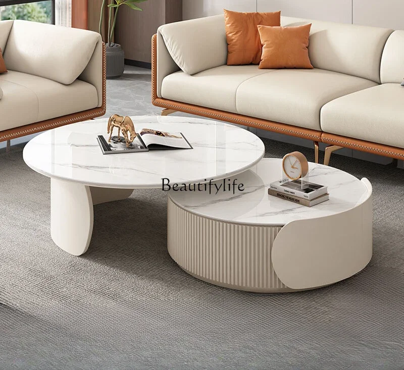 

Z.-*Size Round Combination Coffee Table Light Luxury White Cream Wind Retractable Rock Slate Coffee Table