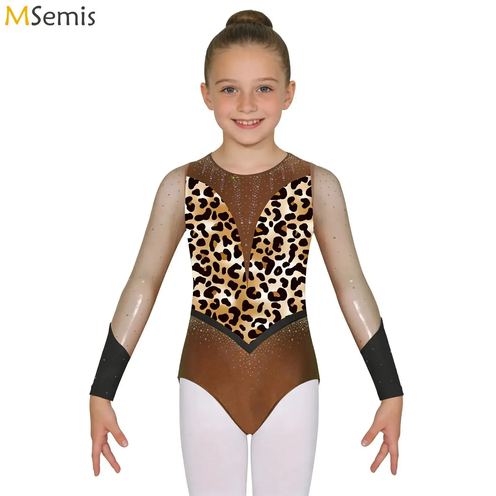 

Kids Girls Sparkly Rhinestones Gymnastics Ballet Leotards Dance Costume Long Sleeve Back Cutout Printed Dancewear Jumpsuit