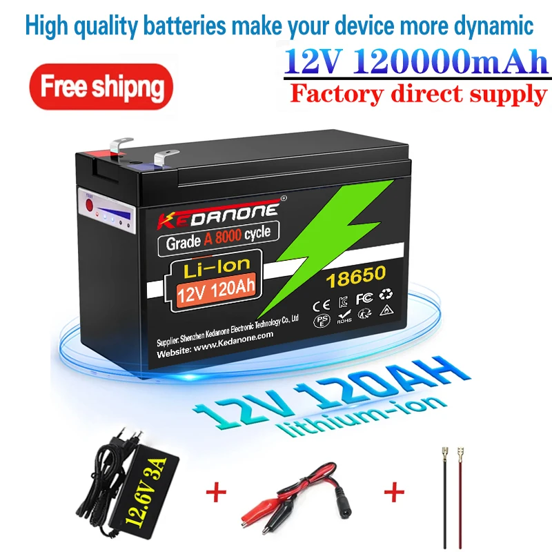 

12V Battery 120Ah 18650 lithium battery pack Rechargeable battery for solar energy electric vehicle battery+12.6v3A charger