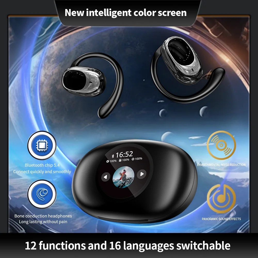 

New Bluetooth Earphones 5.4 Touch Color Screen Multi functional Ear Hanging Wireless Bluetooth Earphones ANC Active Noise Reduct