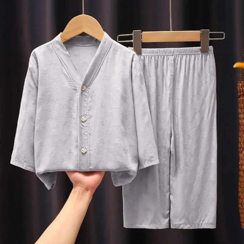 New Children's Long Sleeve Pajamas Set Summer Lightweight Jacquard Cotton Silk Homewear for Boys Girls Baby