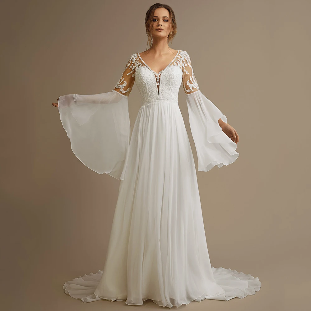 

Weilinsha Boho Flare Sleeves Chiffon Wedding Dresses for Women 2023 Brides Sexy V-Neck Appliques Bridal Gowns Vestido De Novia