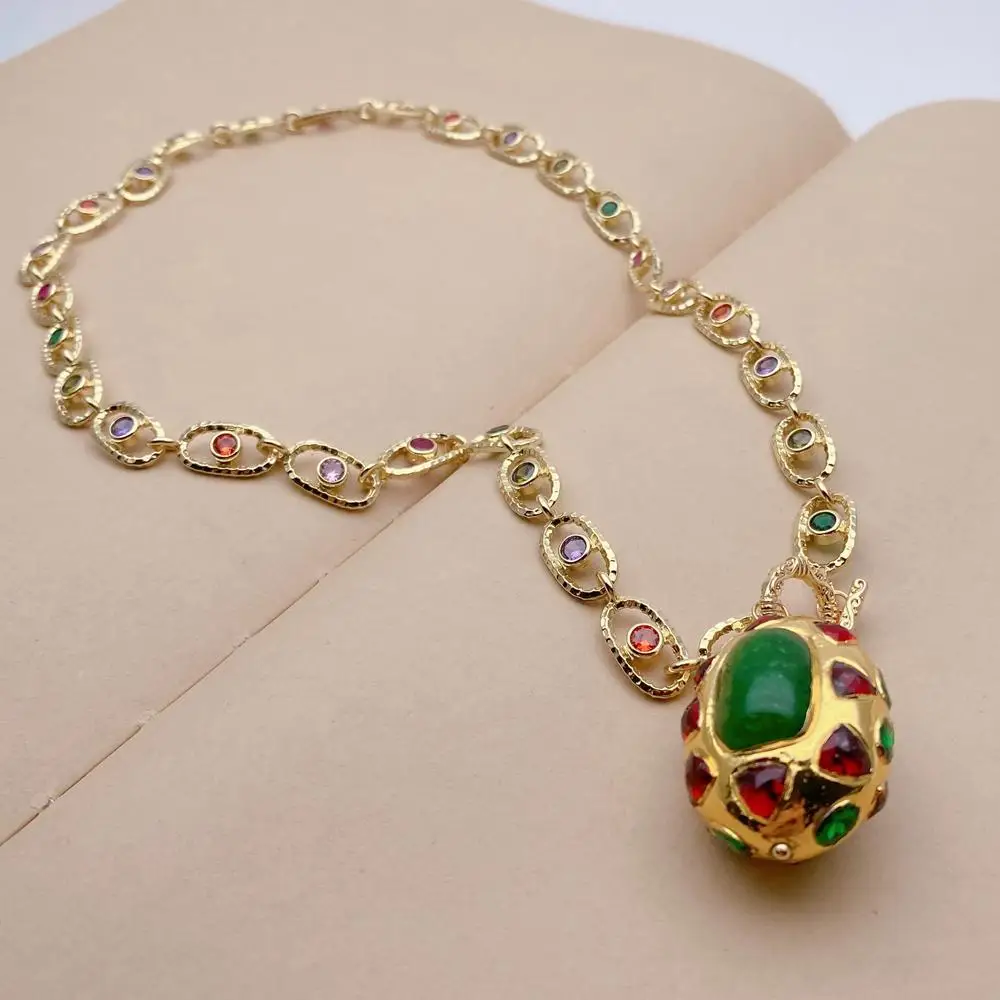 

YYGEM 24x34mm Green Jasper Red Crystal Pendant 8x14mm Cz Pave Rosary Oval Shape Chain Choker Necklace