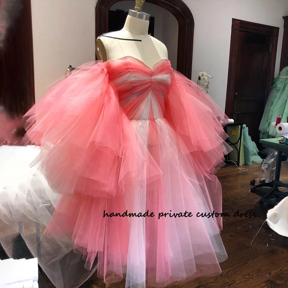 

Pink White Tulle A Line Fairy Prom Party Dreses Puff Sleeve Sweetheart Homecoming Party Gowns Knee Length Graduation Dress