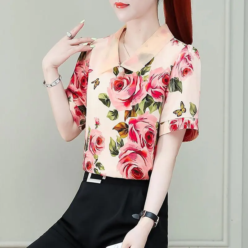 Office Lady Sweet Peter Pan Collar Blouse Summer New Loose Fashion Floral Printed Female Chic Three-dimensional Decoration Shirt