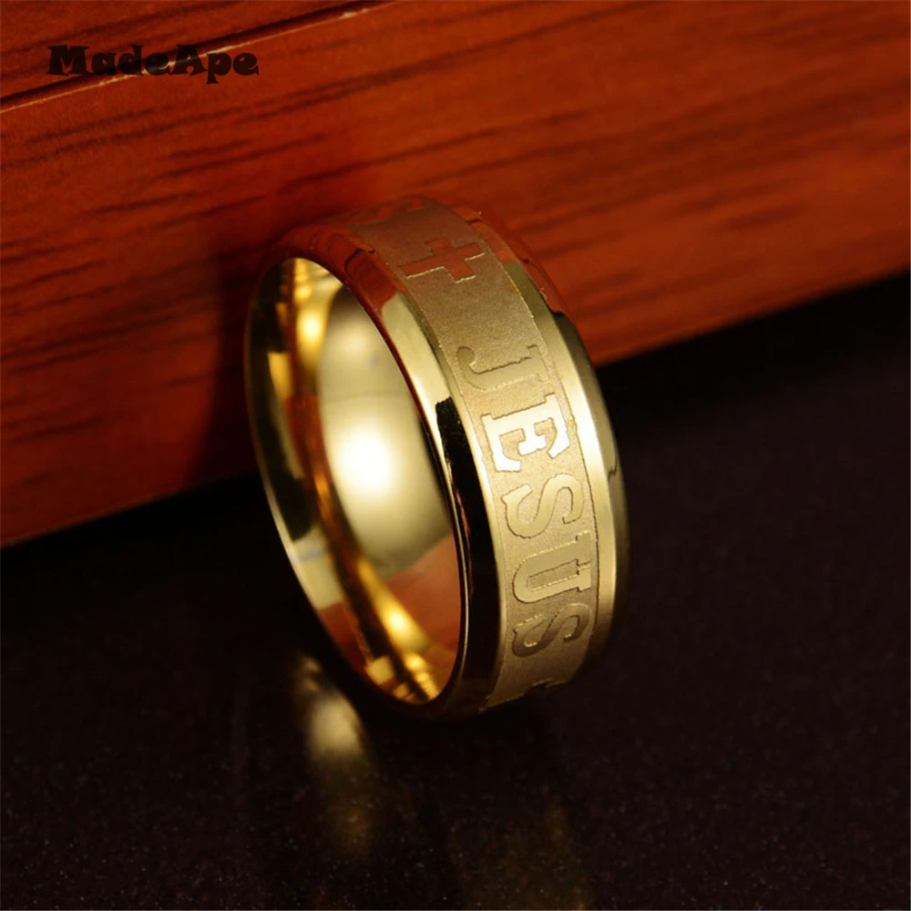 MadApe Classic Jewelry 8mm Stainless Steel Letter Bible Rings Black Silver Color Rose Gold Band Jesus Cross Ring For Men Women