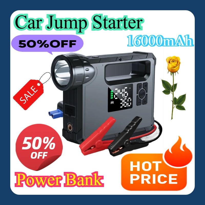 Power Bank Battery Automotive Booster Start 5 in 1 Car Jump Starter with Air Compressor Portable Flashlight Starting Device