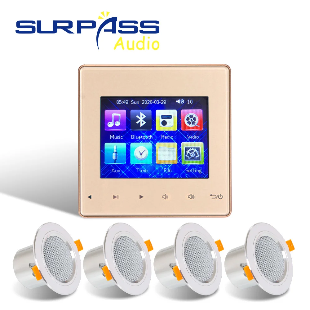 Bluetooth In Wall Digital Stereo Audio Amplifier 3.5" Mini Touch Screen Music Player Bathroom Waterproof 10W Ceiling Speaker Kit