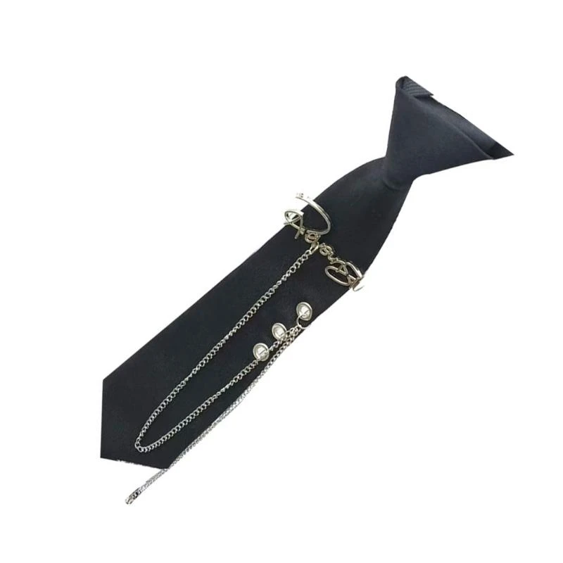 49MF Japanese Shirt Tie for Nightclub Tassels Chain Tie Knotfree School Event Suit Tie for Stage Performances Punk Neckpiece