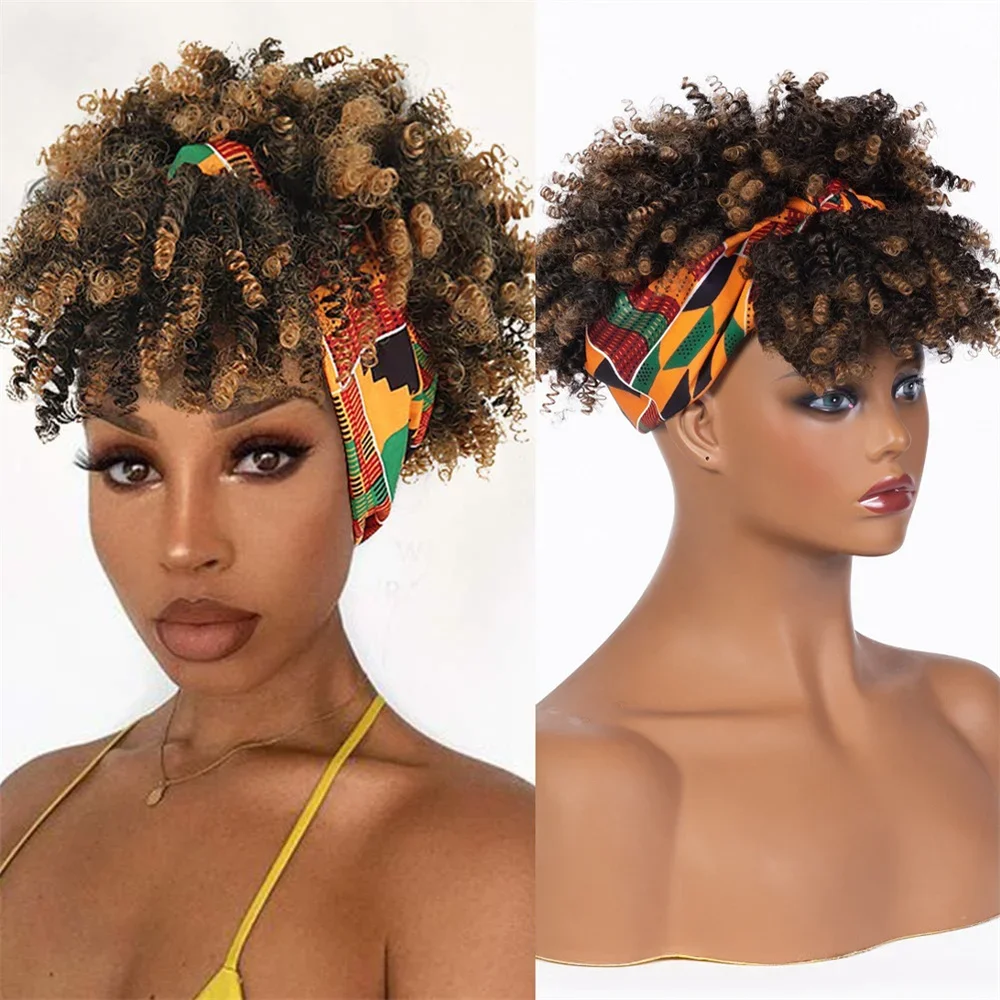 European and American women wig Short curly hair African curls explosive hair wearing a headscarf Many Colors Synthetic Wigs