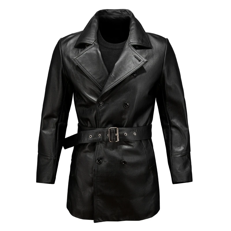 

Black Long Autumn Leather Jacket Men England Style Plus Size 5XL Genuine Natural Cowhide Double Breasted Belt Windbreaker Coat