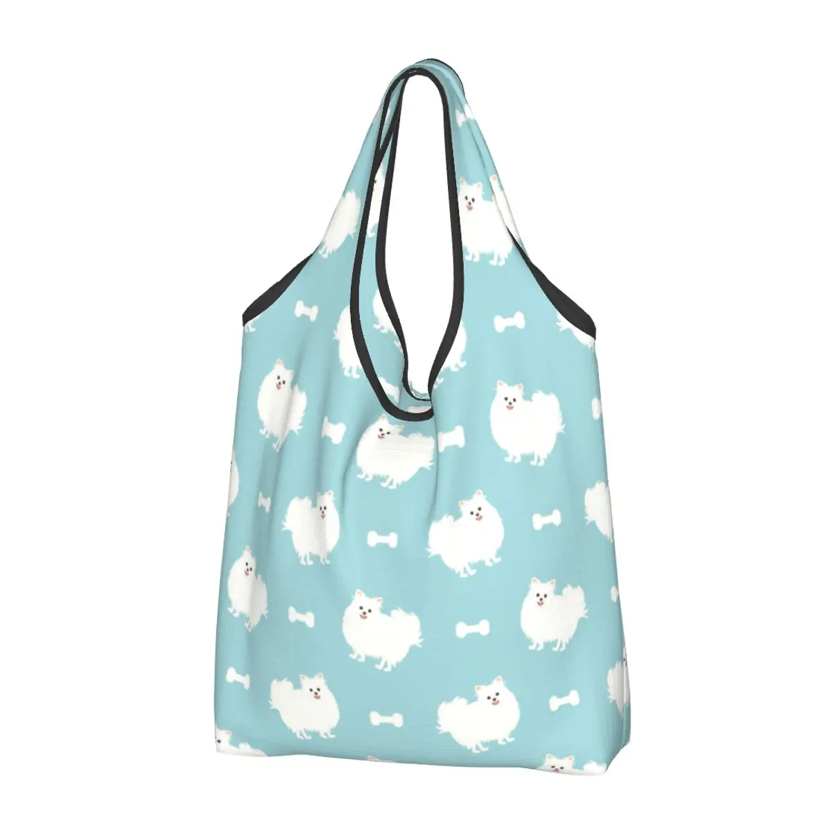 Custom Cute Cute White Pomeranian Dog Shopping Tote Bag Portable Spitz Puppy Pom Grocery Shoulder Shopper Bag