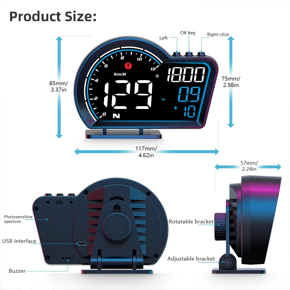 KINLANAO New GPS Car Head Up Display HUD Smart Car Turbo RPM Gauge Digital Odometer Security Alarm Auto Meter