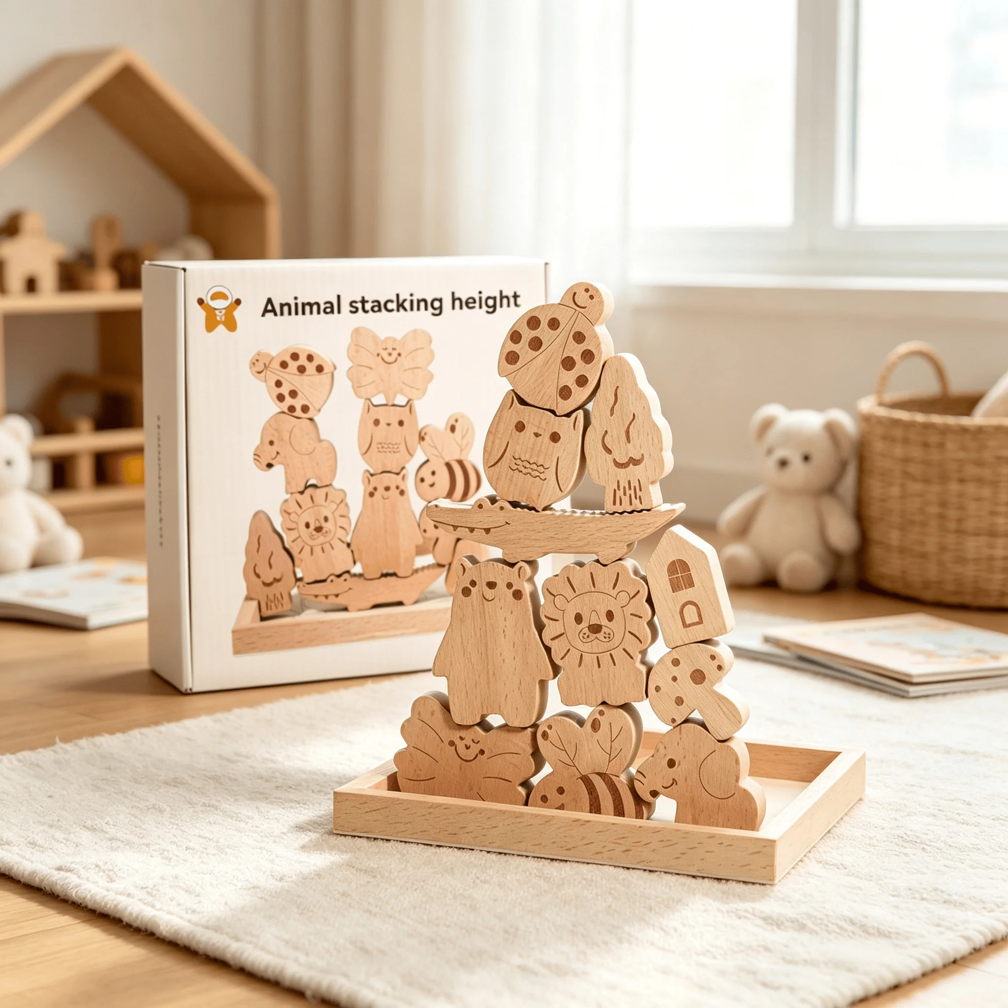 Children's Montessori Wooden Animal Balance Blocks Forest Theme Stacking Challenge Toy 3+ Educational Playset