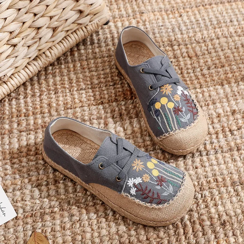 Careaymade-Hot Flats Women Shoes Embroider Retro Lace-up Round Toe Cotton Linen New Handmade Concise Comfortable Ladies Shoes