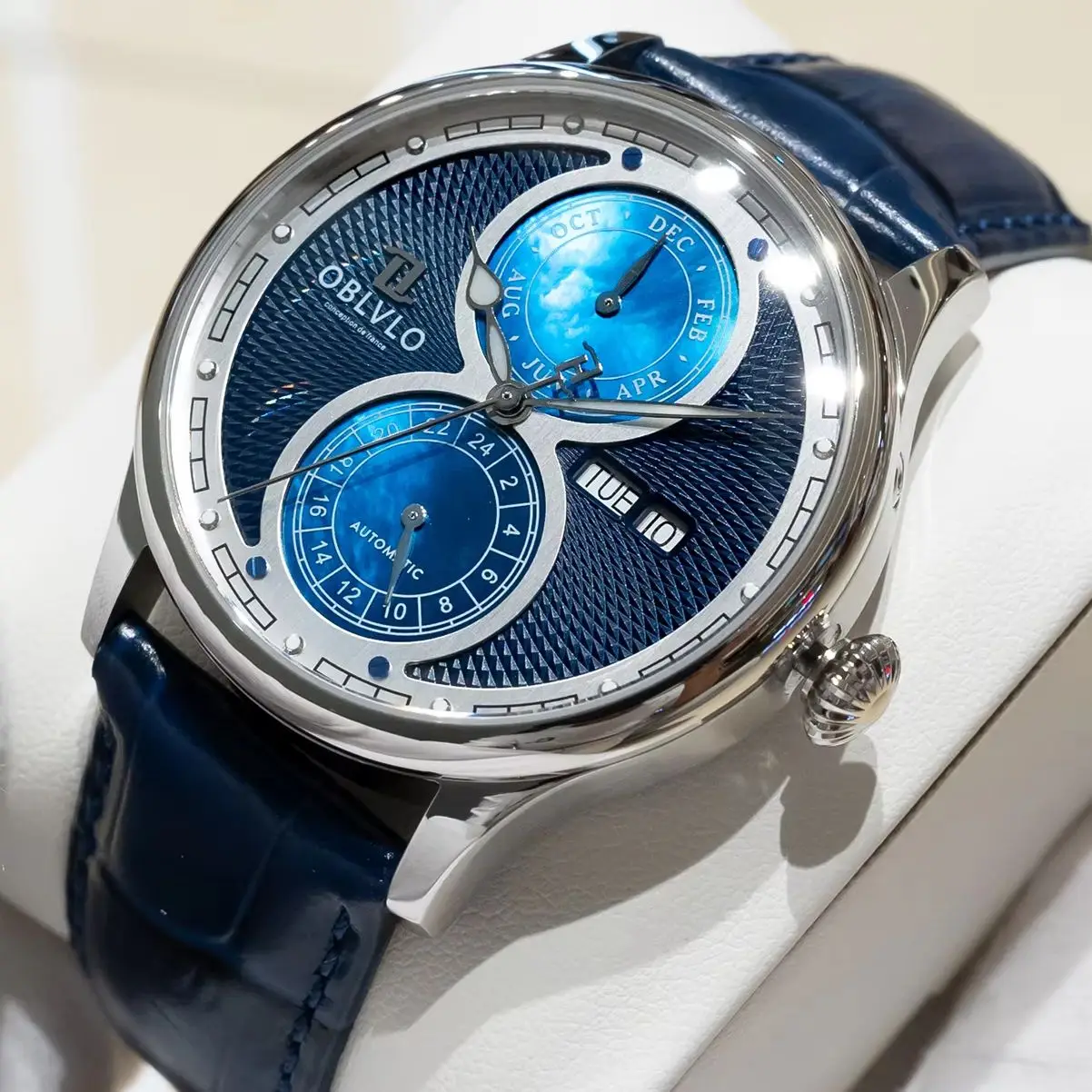 OBLVLO Men's Automatic Mechanical Watch Roman Dial Sun Moon Phase Full Calendar 5ATM Waterproof Leather Strap Watch