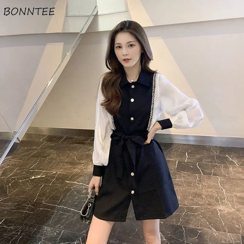 Long Sleeve Dress Women Single Breasted Design Above-knee Baggy Elegant Patchwork Femme Vestidos Leisure Chic Vintage College