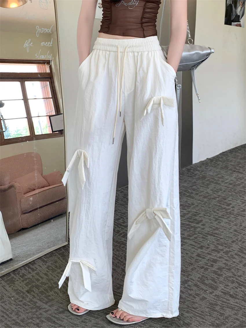 

PLAMTEE 2024 Minimalist Wide Leg Pants Women All Match Bow Fashion Casual Sports Summer New All Match Straight High Waist Loose