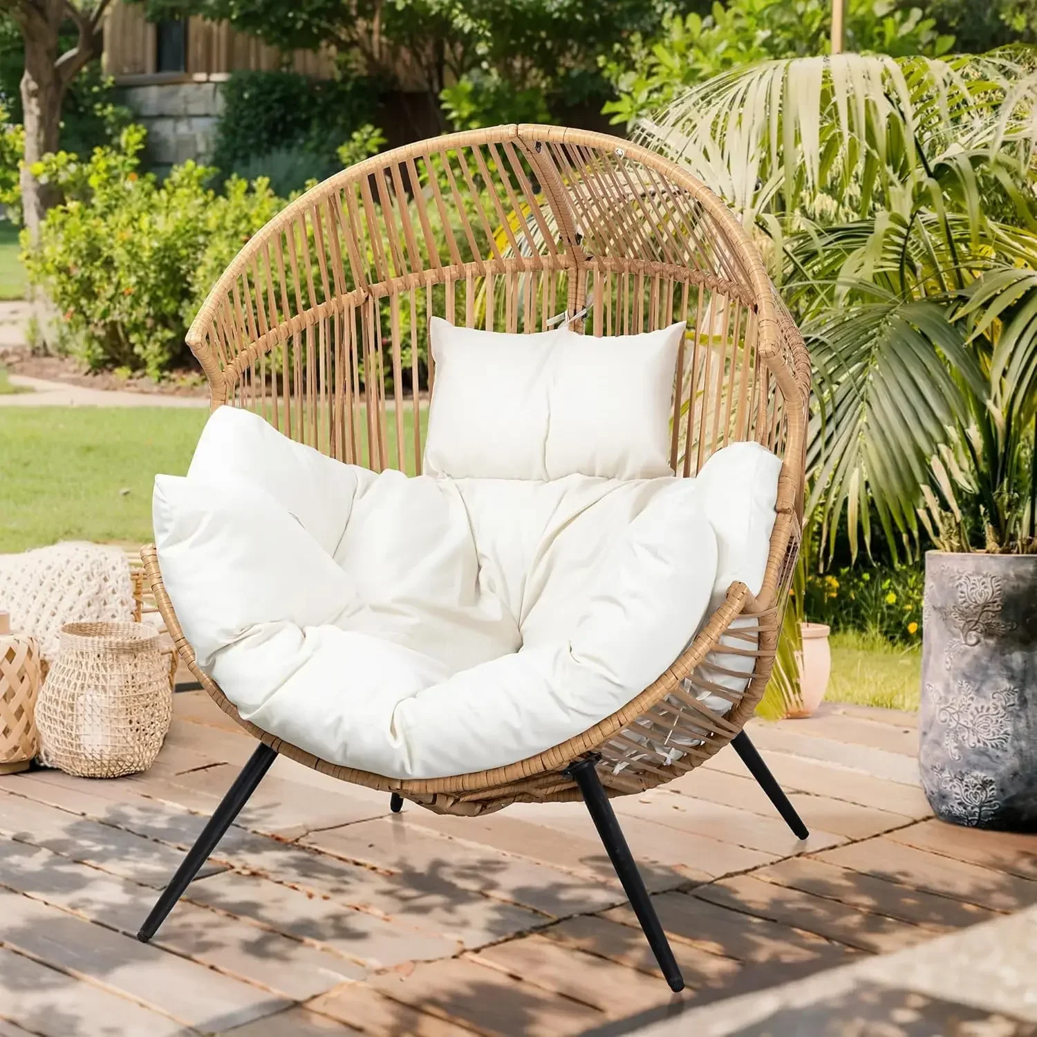 Wicker Egg Chair PE Rattan Chair with Cushion,Oversized Patio Lounge Chair for Outdoor, Indoor, Balcony, Backyard, Garden, Beige