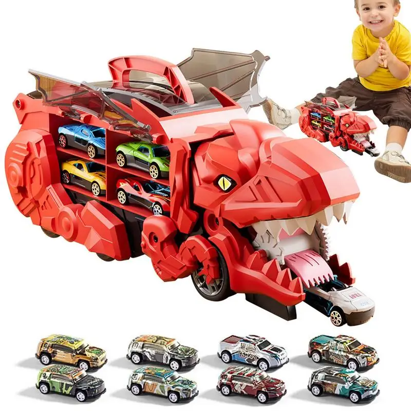 Dinosaur Car Carrier Tyrannosaurus Car Track Toy Transformation Car Carrier Truck Toddler Cars Dinosaurs Playset With 8 Mini