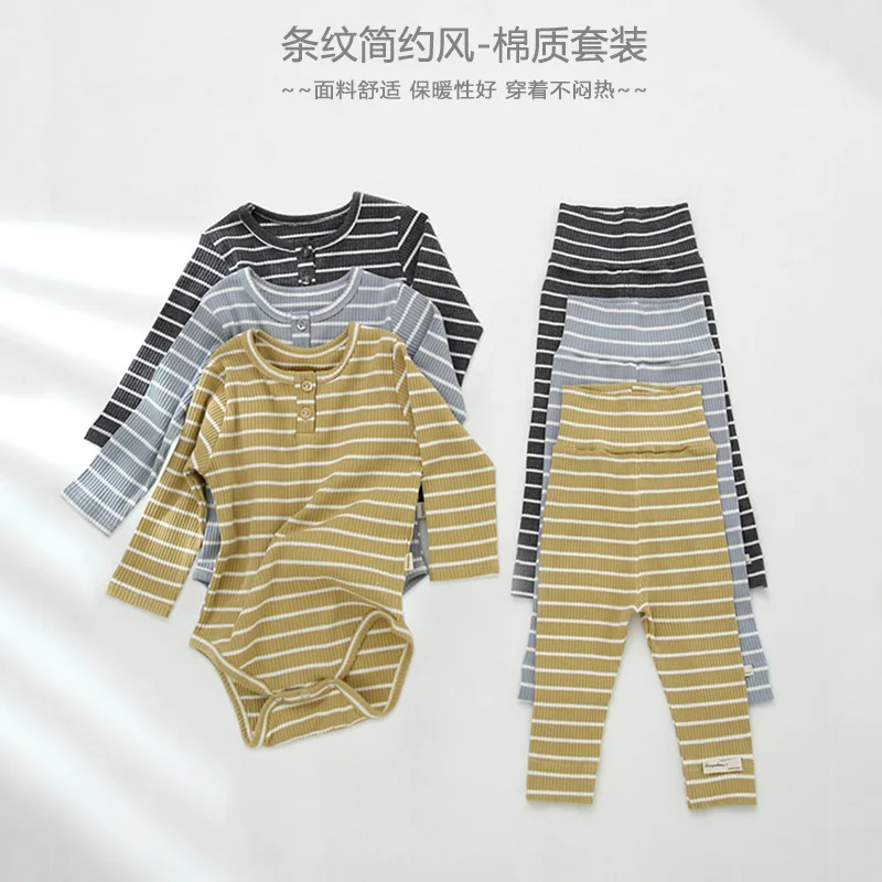 

Jenny&Dave Autumn Baby Harper Long sleeved Bun Coat Newborn Striped Cotton Two Piece Set