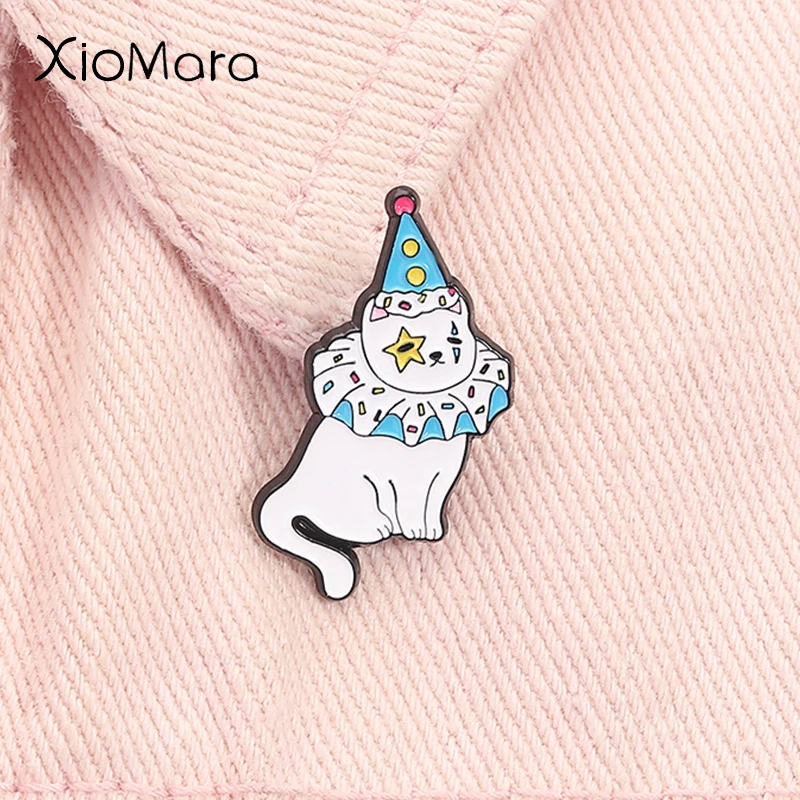 Cute Clown Cat Enamel Pin Cartoon Funny Kitty with Clown Hat Circus Animal Brooch Lapel Badge Jewelry Gift For Cat Lover Friends