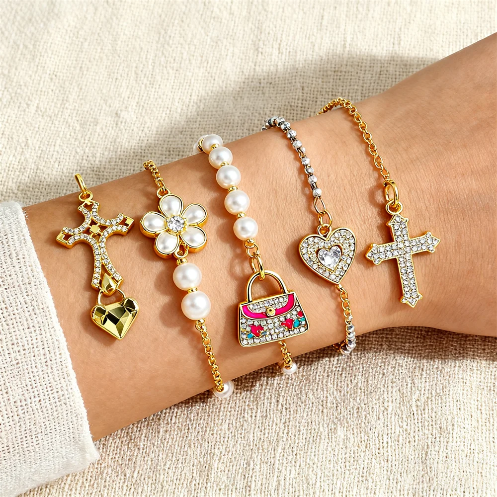 

2Pcs Pendants for Women Jewelry Making Fashion Gold Plated Cubic Zirconia Heart Flower Bag Dainty Charm Trendy Diy Accessories