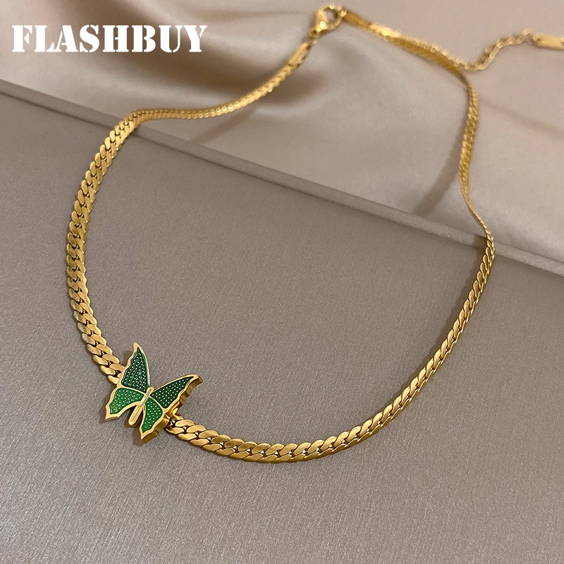 Flashbuy Green Color Butterfly Stainless Steel Necklace for Women Charm Flat Herringbone Chain Necklace Fashion Jewelry Gift