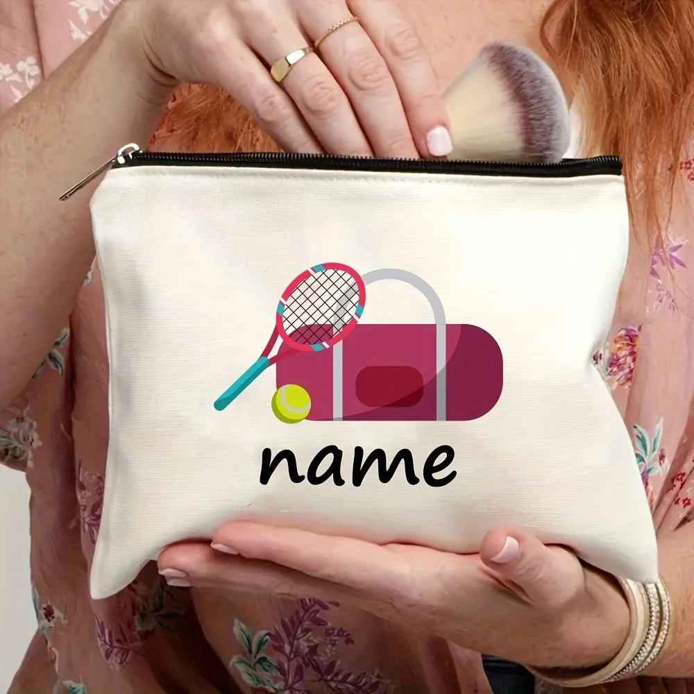 Customizable Tennis Themed Makeup Bag with Personalized Name Large Capacity Zippered Makeup Bag Suitable for Travel, Commuting