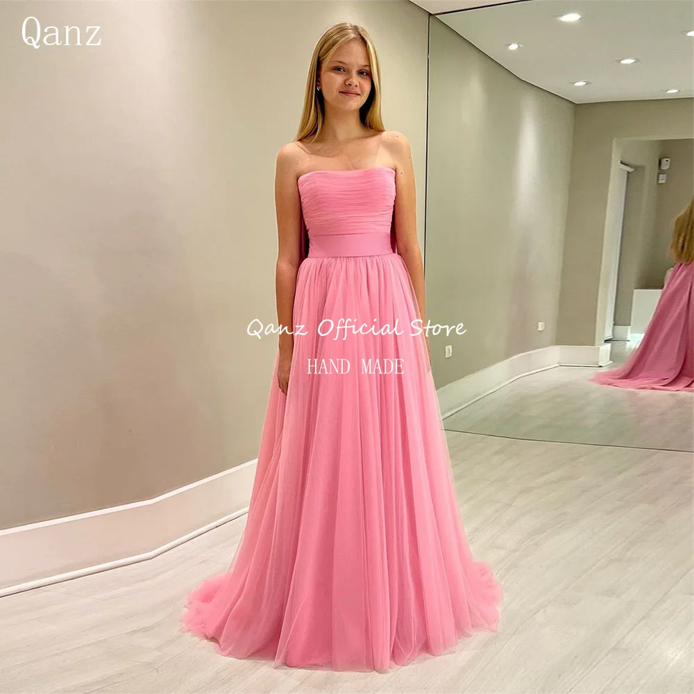 

Qanz Dirty Pink Elegant Tulle Evening Dresses Backless with Bow Floor Length Formal Occasion Dresses for Women Party Gowns 2024