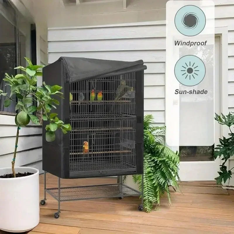 Windproof Oxford Cloth Bird Cage Cover - Dustproof Pet Parrot Cage Shade with Ventilation Mesh, Durable Black Fabric for Secure