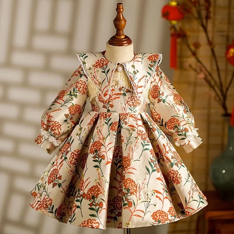 Girls Summer Formal Occasion Dresses First Birthday Party Dress for Kids Girl Children Luxurious Floral Print Beading Ball Gown