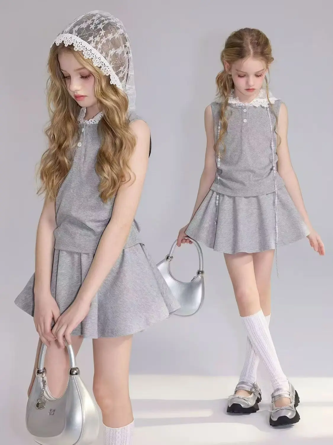

Girl's Summer Skirt and Pants Set 2026 Sleeveless Lace Hooded Vest Shorts Children's A-Line Skirt Two-Piece Set