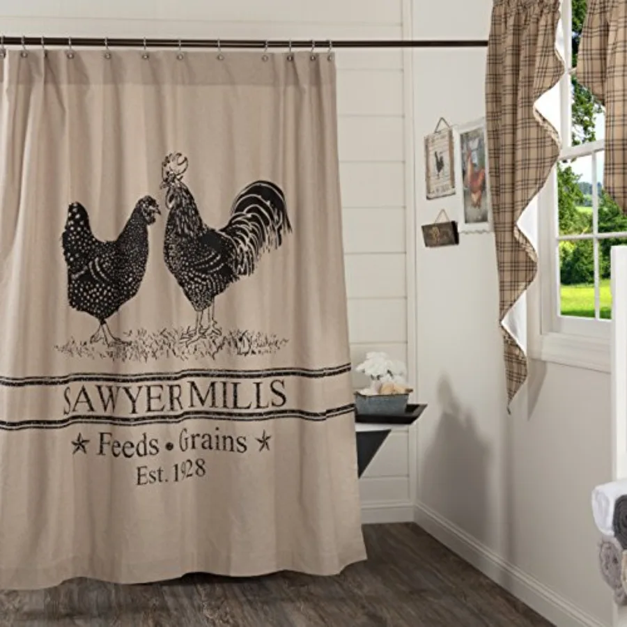 

Farmhouse Bath Sawyer Mill Rod Pocket Cotton Button Holes Shower Curtain 72x72 Charcoal Poultry
