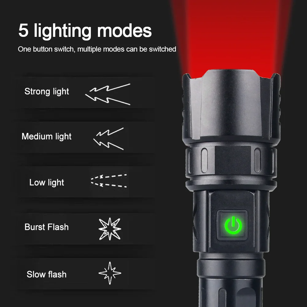 Tactical Zoomable Hunting Flashlight Green Red White LED Torch 5 Modes Type-C Fast Charging Lantern for Camping Fishing