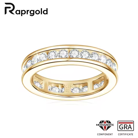 RAPRGOLD S925 Silver Groove Inlaid D VVS1 Round Moissanite Ring for Women Fashion Wedding Ring Eternity Band with Certificate