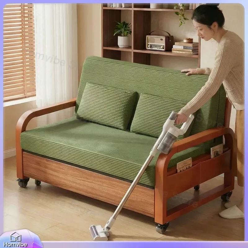 New Folding Sofa Bed Multi-functional Dual-purpose Double Living Room Oil Wax Leather Telescopic Couch for Chinese Style