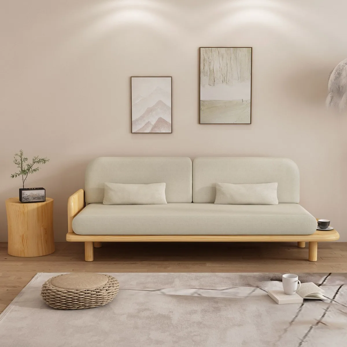 Wabi Sandy wind solid wood sofa, log wind furniture  simple living room three-person combination fabric