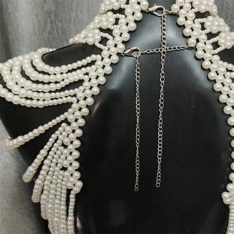 Damen-Top, mehrschichtige Perlen-Körperkette, handgewebter Schal, Harness, Braut- und Abendkleid-Accessoire, Party-Top, Damenbekleidung – Detail 13