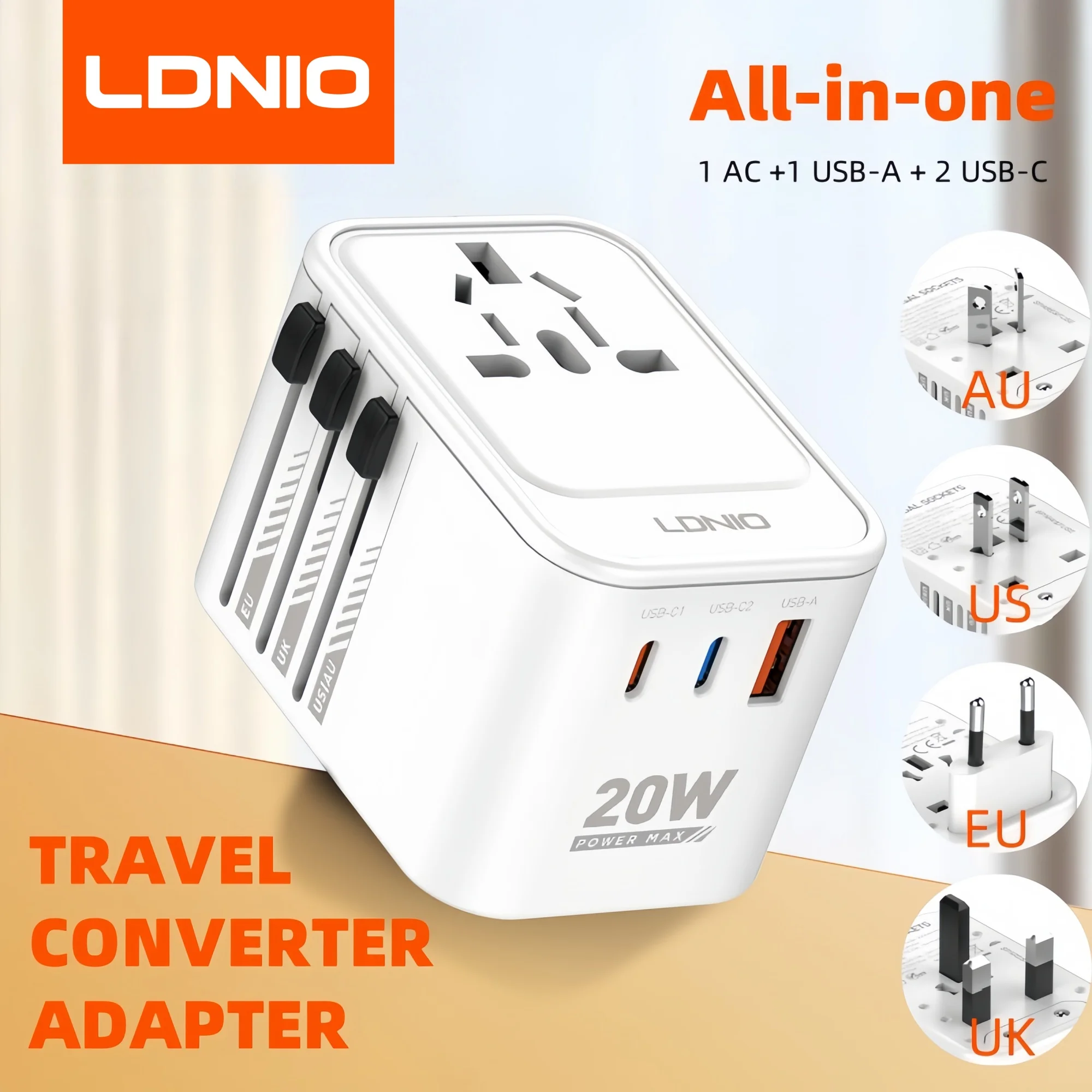 LDNIO Universal Travel Adapter Charger 65W 20W USB Type C Converter Plug Adapter for EU UK US AU Korea Brazil Saudi 224+Countrie