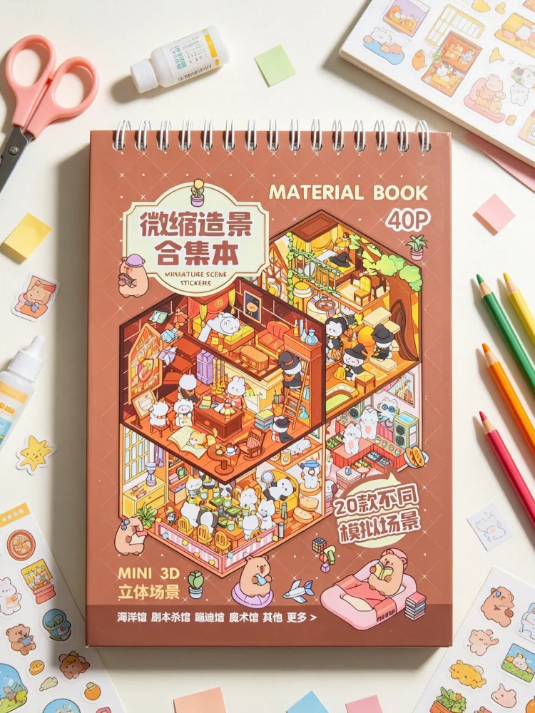 JCAC 40pcs/bag +Tweezers , Kawaii Miniature Scene Sticker Book ，3D DIY Collage, Stress Relief Family Activity