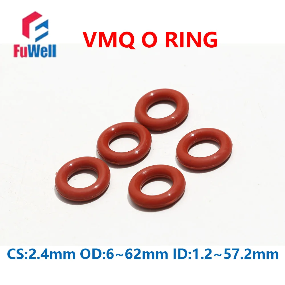 

Fuwell 200pcs VMQ O Ring Seal Gasket Thickness CS 2.4mm OD 6~62mm Silicone Rubber Insulated Waterproof Washer Round Shape Red