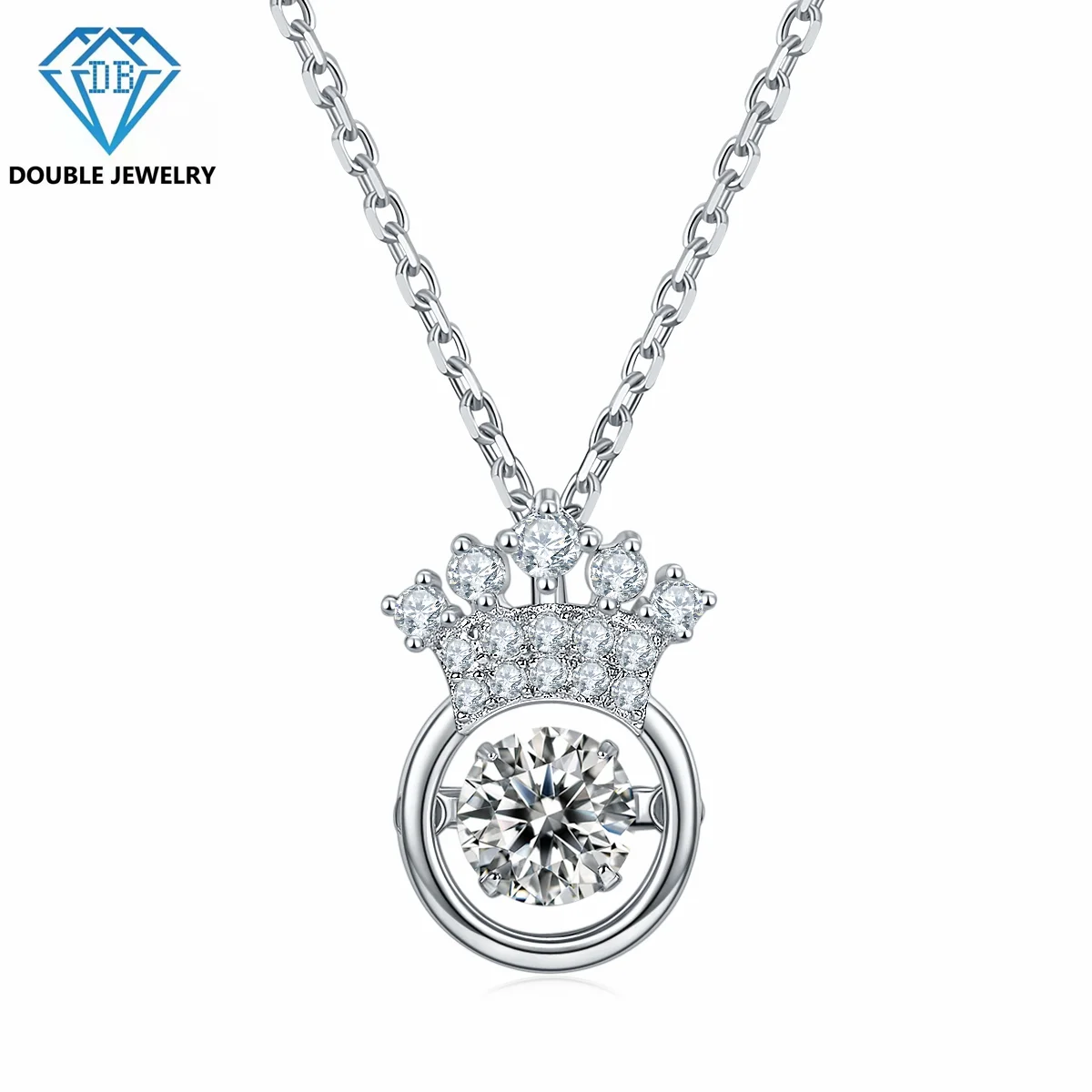 Double Jewelry Crown design Dancing Moissanite Pendant Necklace for Women Elegant Unique Necklace Luxury S925 Silver Jewelry