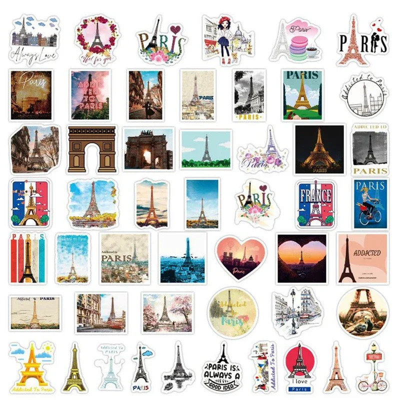 50PCS France Paris Landscape Stickers Eiffel Tower Decals DIY Motorcycle Luggage Guitar Cartoon Cool Graffiti Decal Sticker