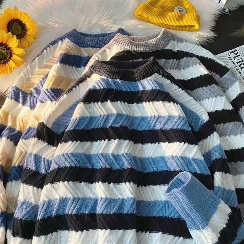 

Мужской вязаный свитер большого размера, круглая полосатая цветная блузка, осень-зима, модная брендовая шерстяная одежда Lazy Sle