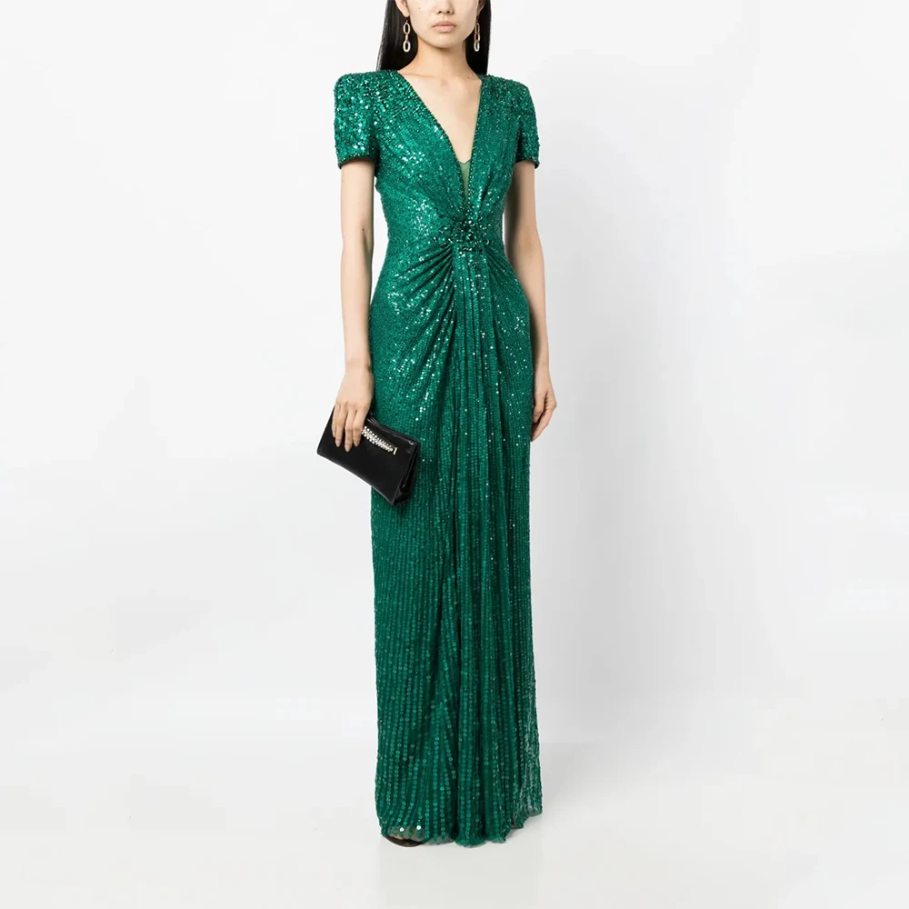 

Gliter Green Sequin Evening Gown Sheath Short Sleeves Prom Dress V Neck Saudi Dress Floor Length Formal Party Dress